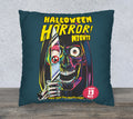 Halloween Horror and Scream-inspired faux suede pillow cover with colourful double-sided comic book artwork