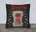 Dracula faux suede pillow cover featuring a red hourglass and ornate ivory gothic artwork on a black background.