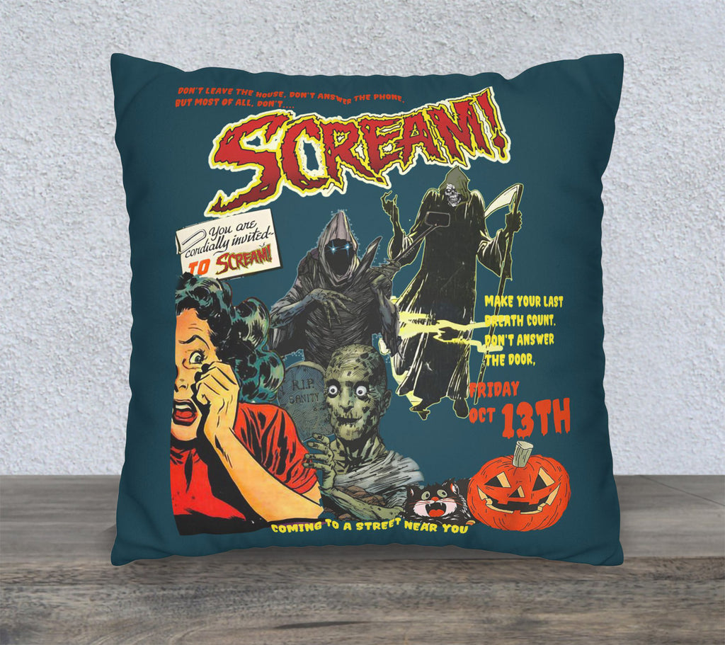 Colourful Halloween horror pillow cover featuring retro comic book inspired characters and bold graphic artwork