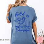 Close-up detail of DTG printed oyster and champagne illustration on breathable cotton Comfort Colors shirt