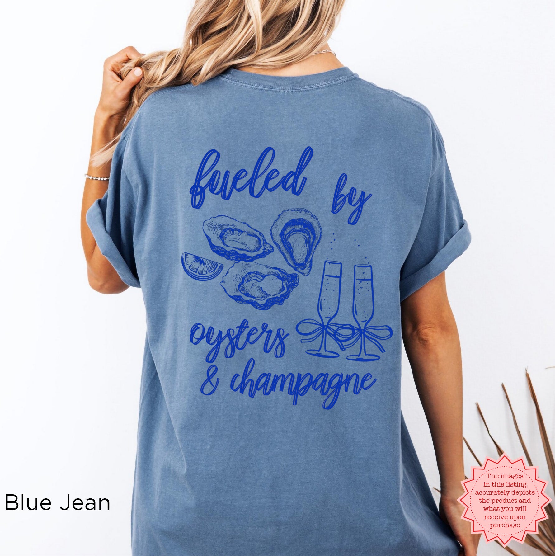 Close-up detail of DTG printed oyster and champagne illustration on breathable cotton Comfort Colors shirt