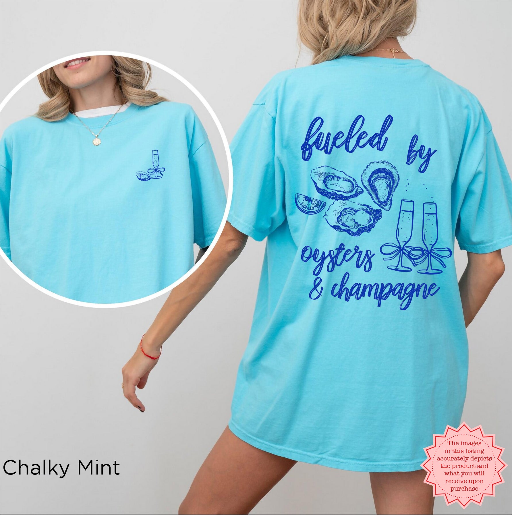 Casual coastal graphic t-shirt featuring oyster and champagne artwork inspired by seaside living