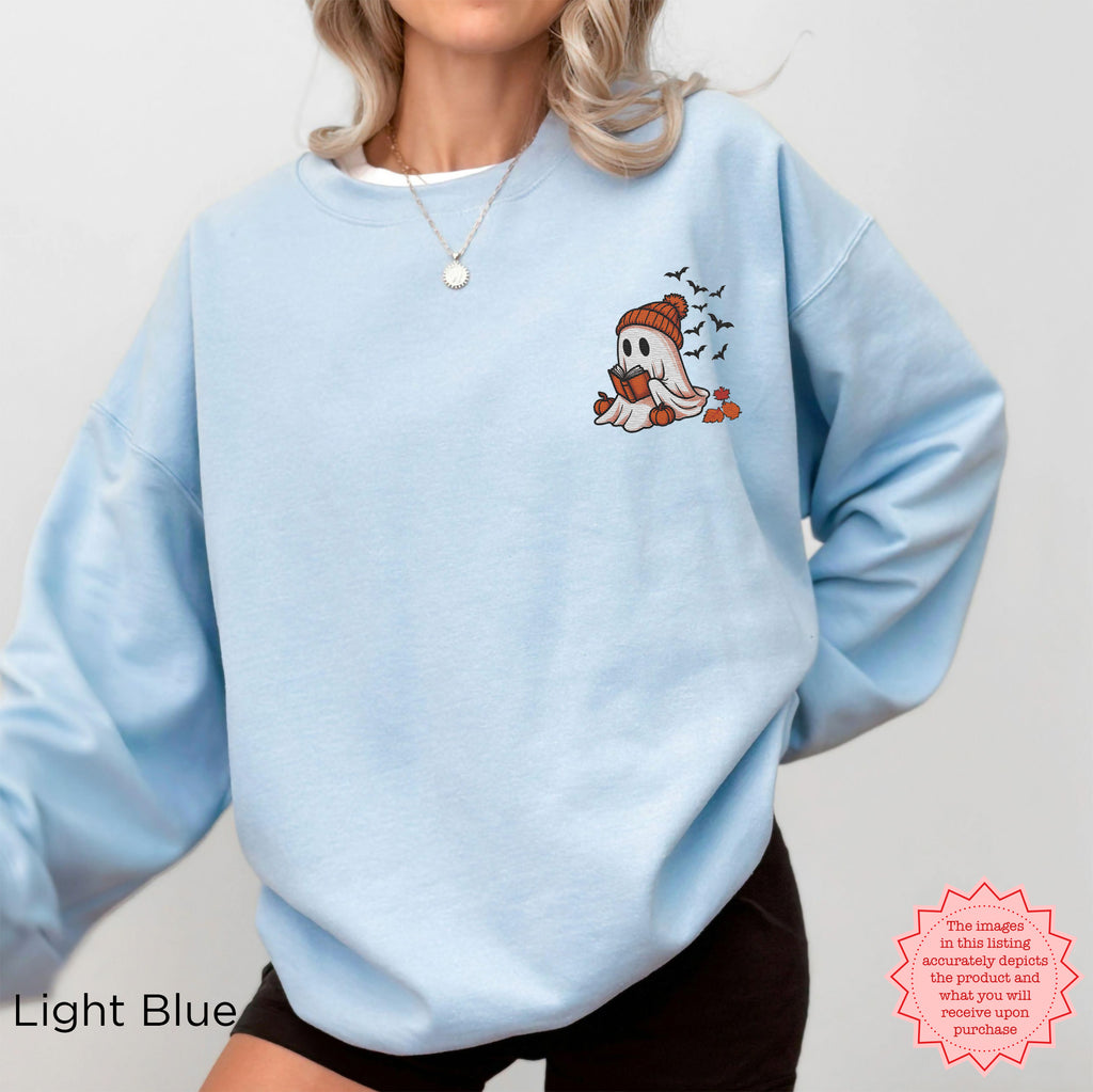 Soft fleece lined autumn sweatshirt fabric with relaxed fit and premium embroidered ghost reader artwork