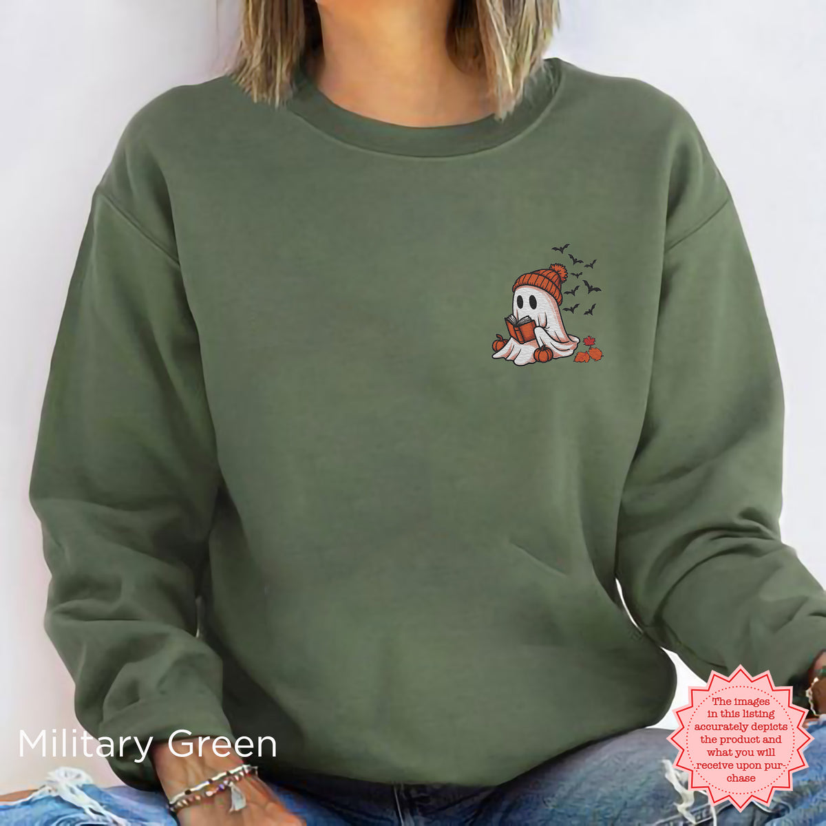 Full view of cozy embroidered Halloween sweatshirt with small chest ghost reader design on classic crewneck pullover
