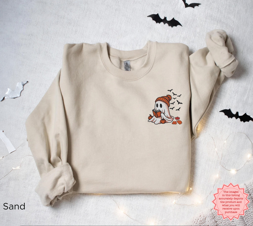 Cute ghost reader sweatshirt gift idea for book lovers, readers, teachers, librarians and Halloween fans