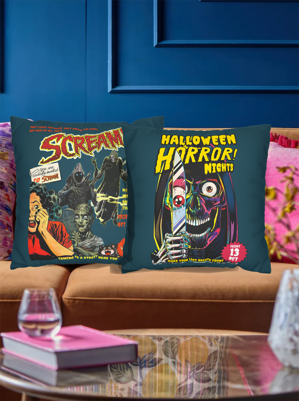 Double-sided Halloween Horror faux suede cushion cover with vibrant vintage-inspired horror illustrations