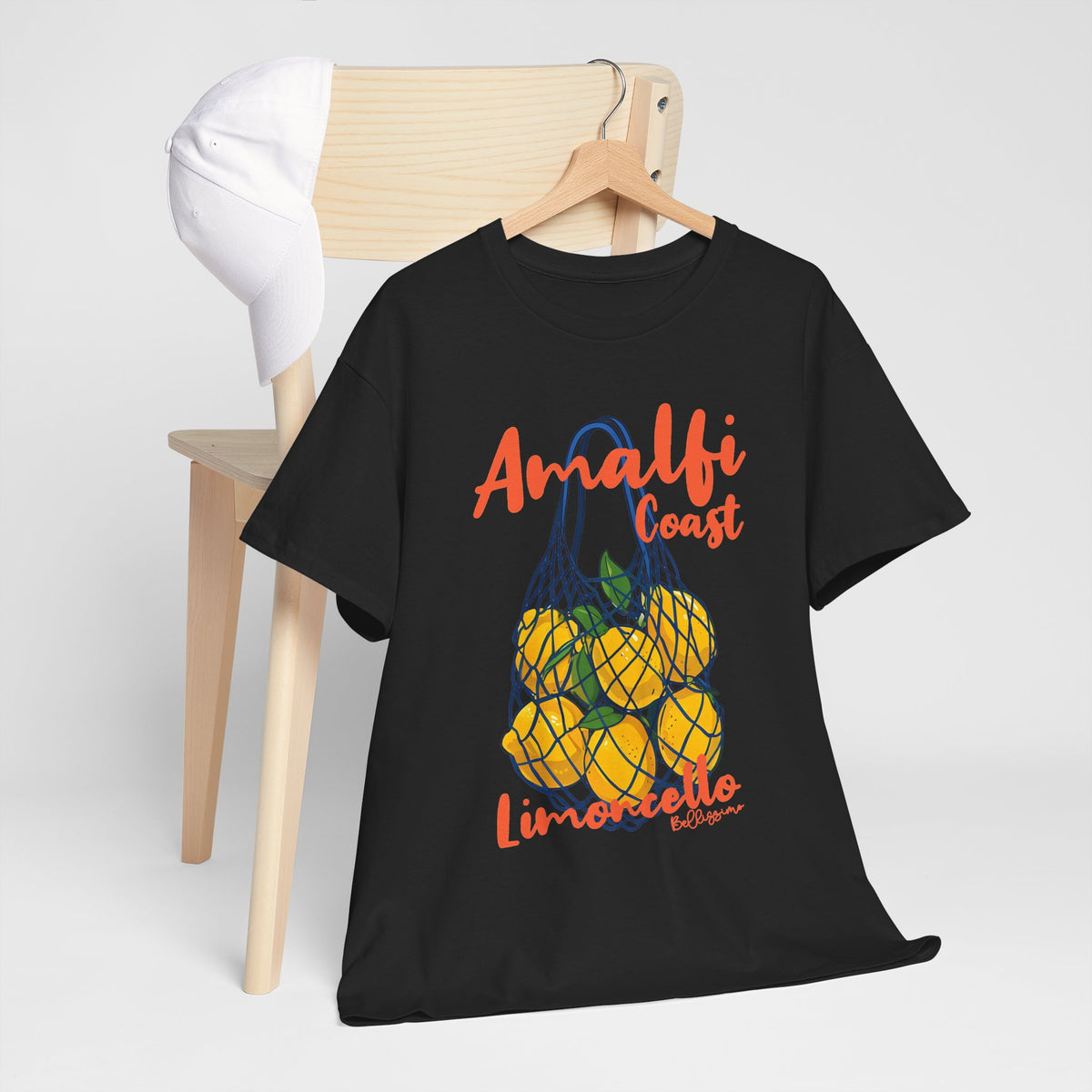 Amalfi Coast Lemoncello shirt design showcasing vibrant lemons and Italian-inspired typography on a white tee