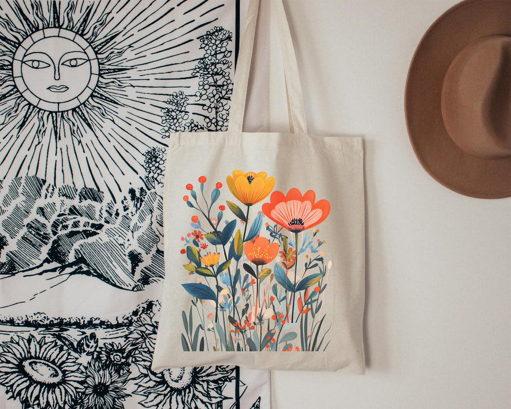 Modern floral tote bag inspired by European cottage gardens and Mediterranean wildflowers.