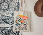 Modern floral tote bag inspired by European cottage gardens and Mediterranean wildflowers.