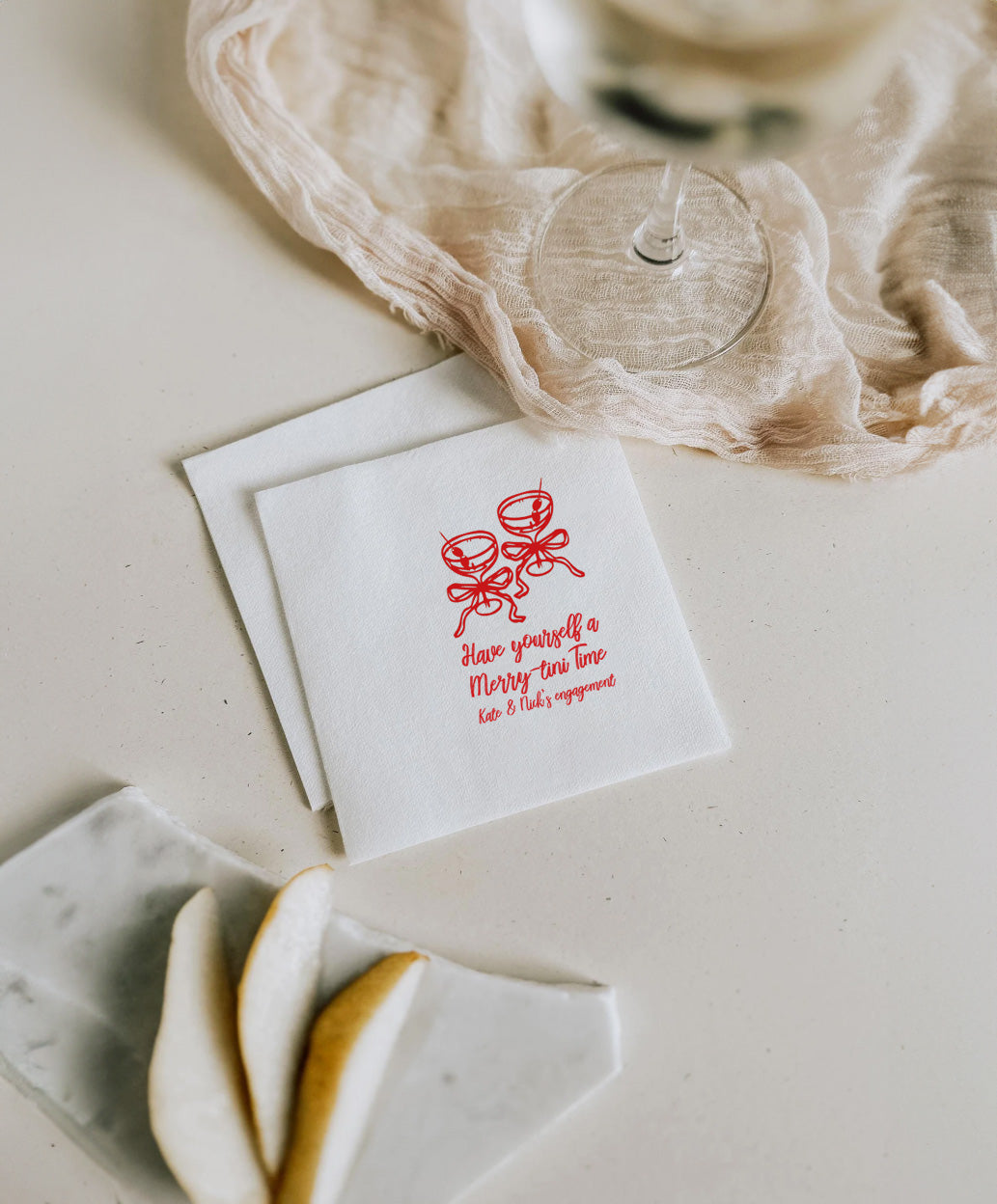 Custom Christmas cocktail napkin with festive martini design, personalized for a holiday party, Christmas wedding, or dinner celebration.