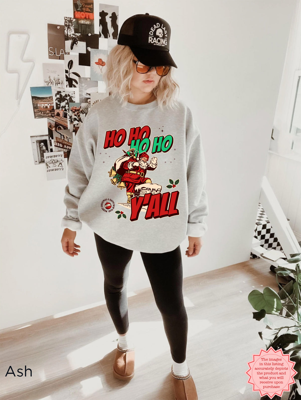 Funny Southern Christmas sweatshirt featuring a bold Ho Ho Ho Y’all Santa graphic