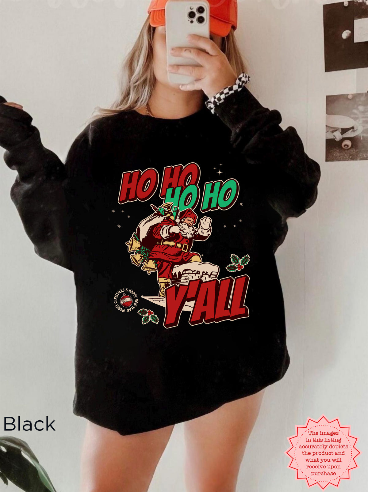 Front view of Southern Christmas crewneck sweatshirt with festive Santa artwork