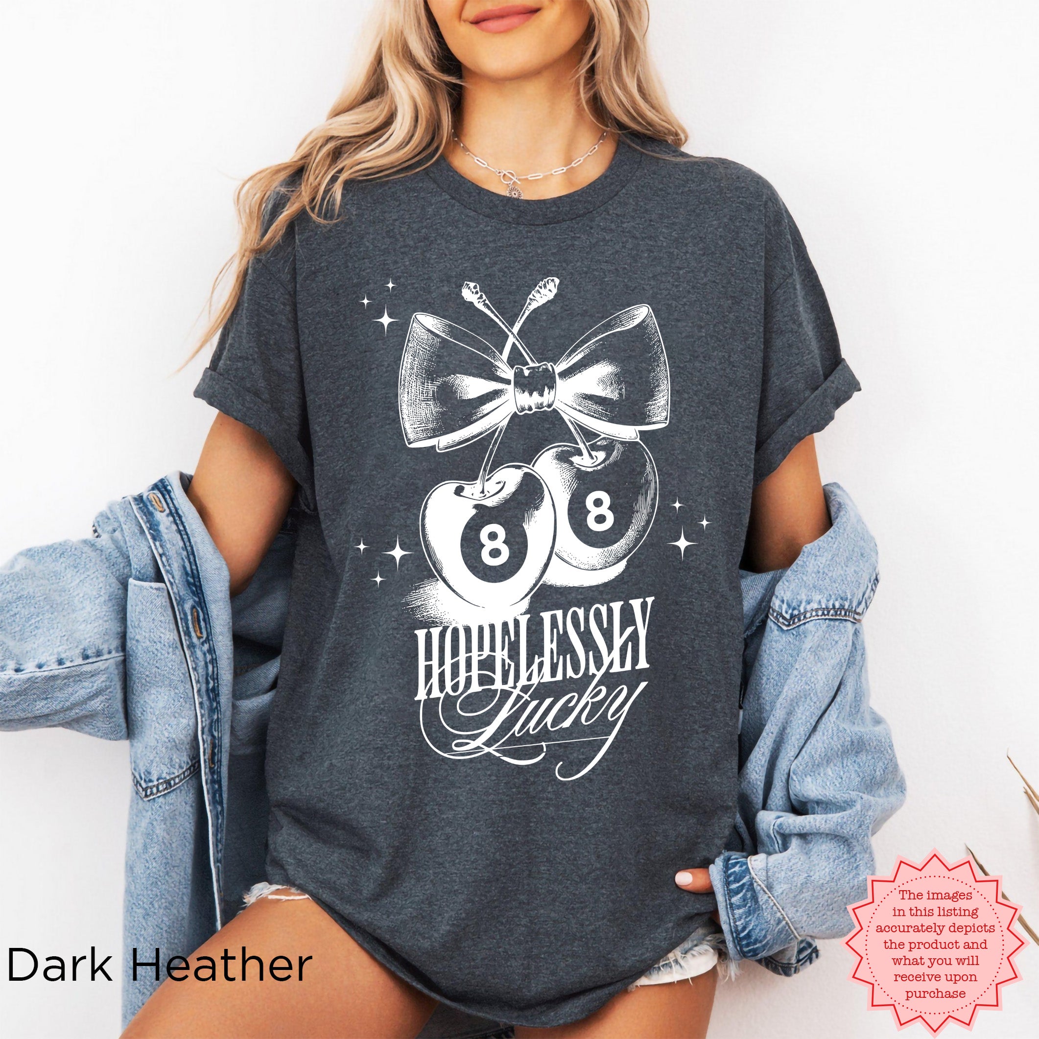 Fun and playful cherry graphic tee with "Hopelessly Lucky" text, ideal for casual outings.