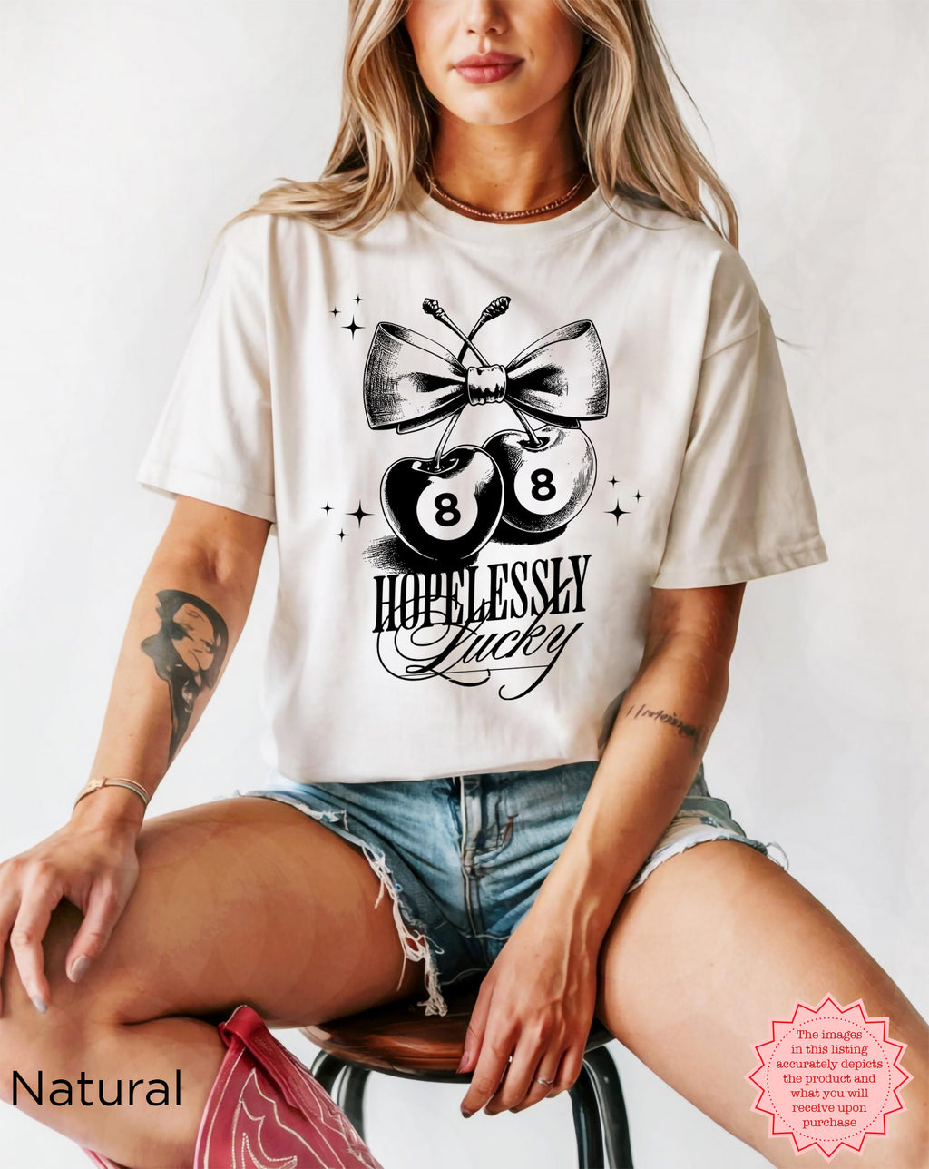 Retro cherry graphic with the phrase "Hopelessly Lucky," perfect for a laid-back look.