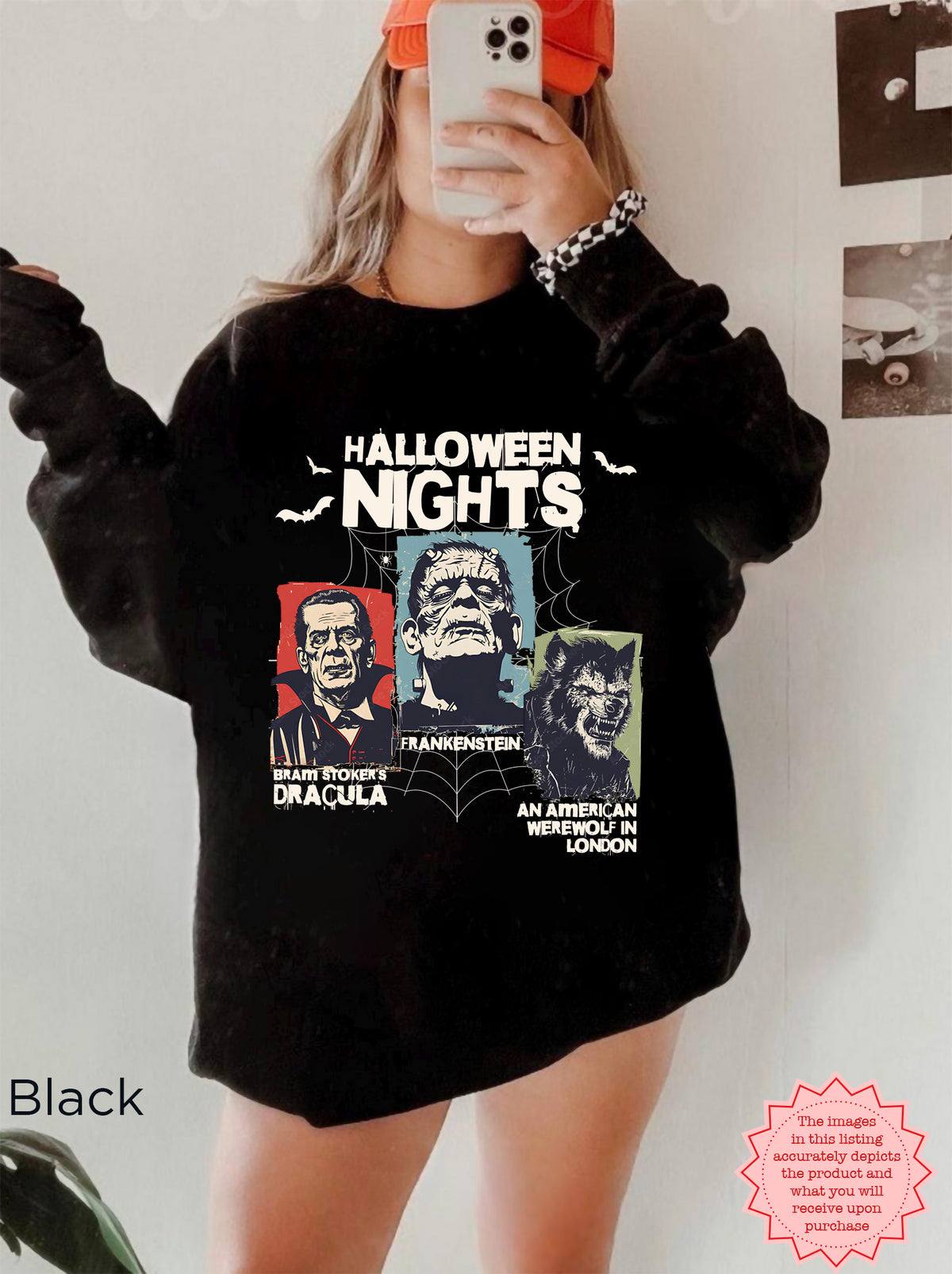 Horror Nights Halloween sweatshirt in Black featuring bold Halloween Nights lettering and three classic horror movie-inspired character illustrations.