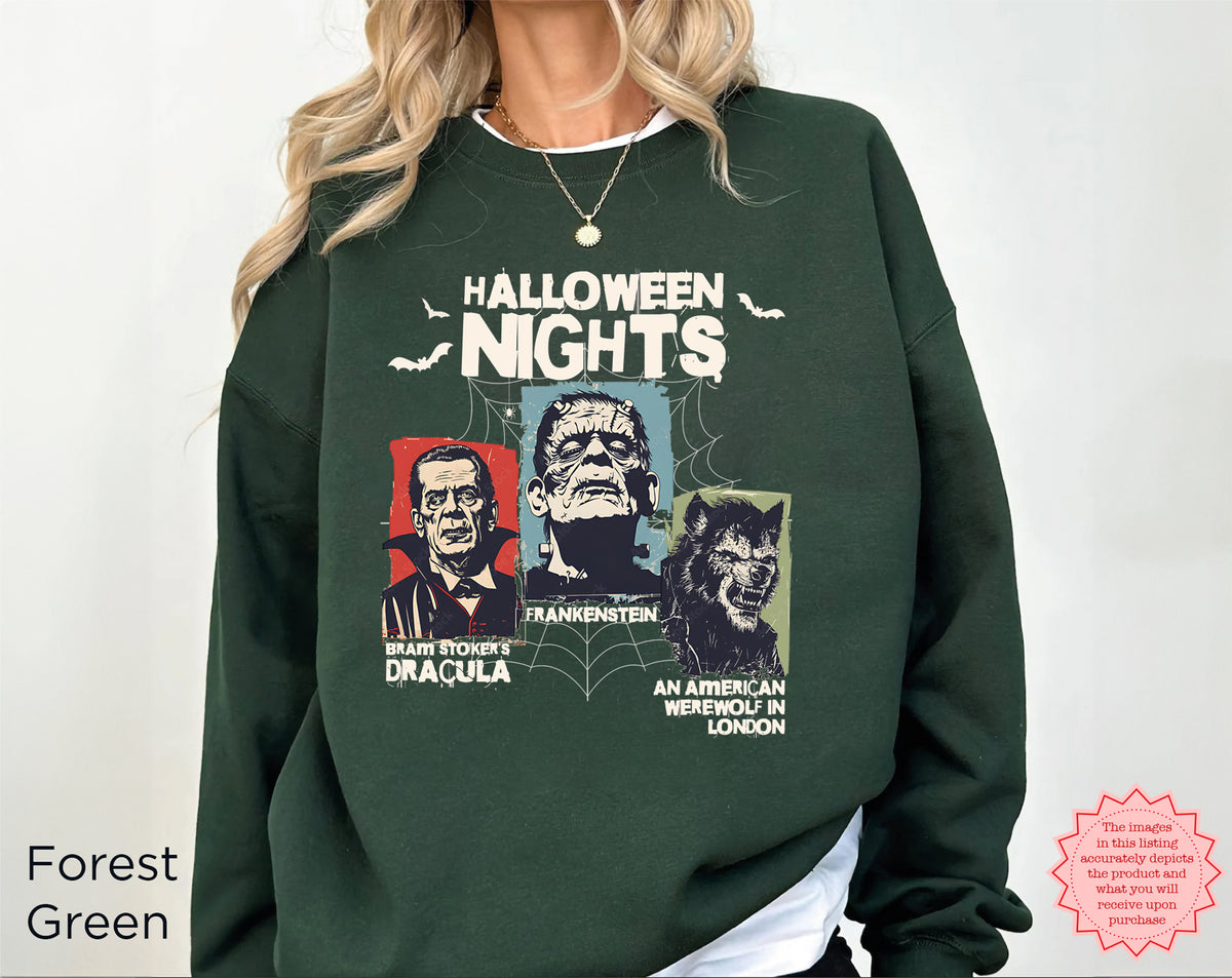 Detail of the Horror Nights sweatshirt artwork showing the character illustrations and horror-inspired typography against the sweatshirt fabric.