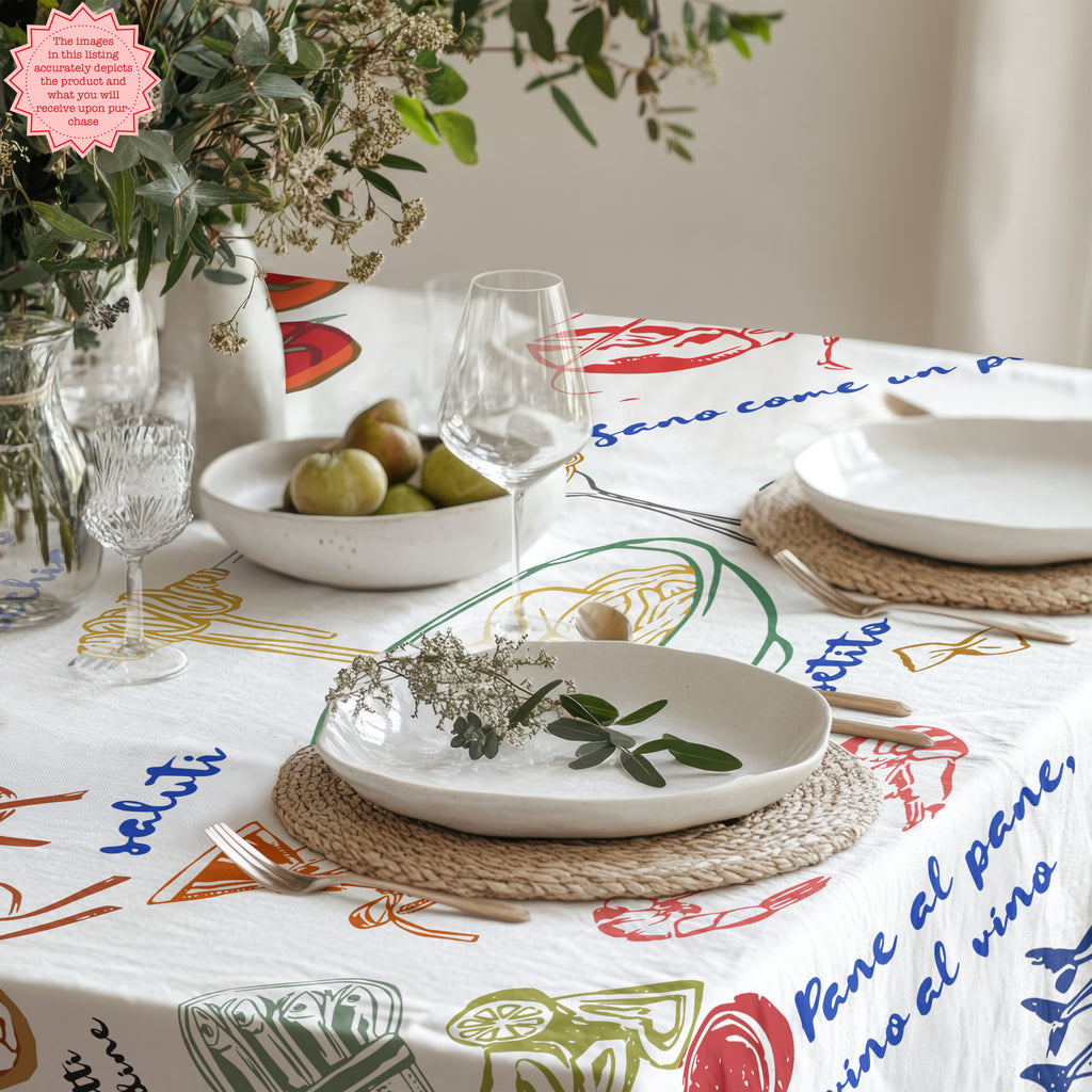 That’s Amore Italian Summer Tablecloth – Hand-Drawn Mediterranean Food Illustration in 100% Cotton Twill