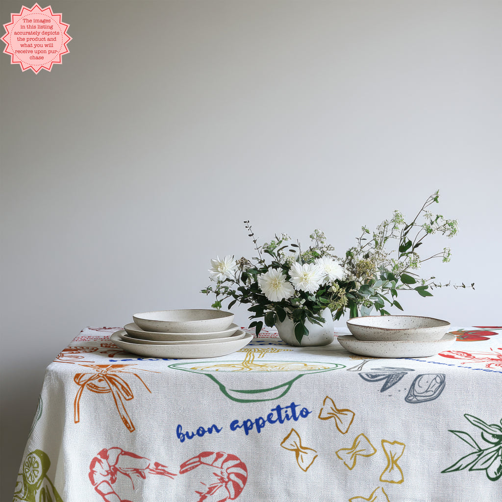 That’s Amore Italian Summer Tablecloth – Hand-Drawn Mediterranean Food Illustration in 100% Cotton Twill