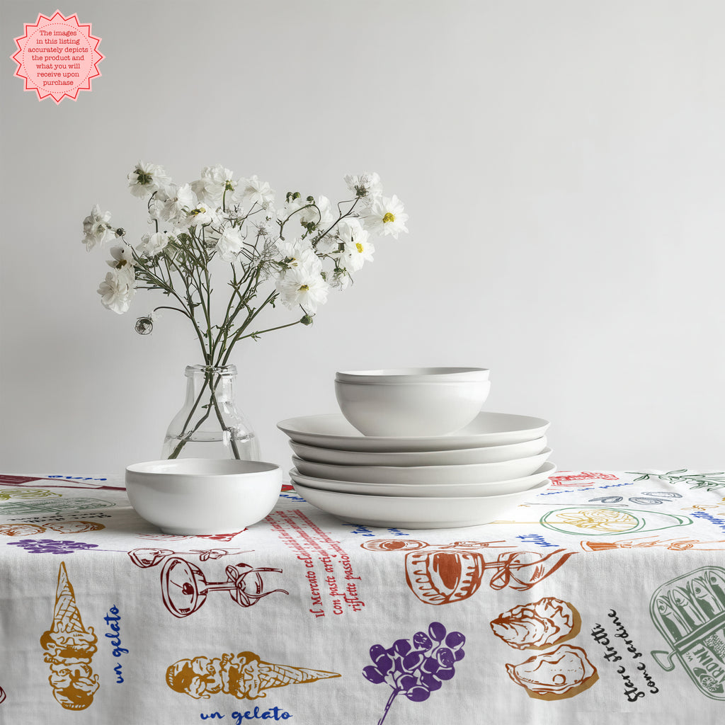 That’s Amore Italian Summer Tablecloth – Hand-Drawn Mediterranean Food Illustration in 100% Cotton Twill