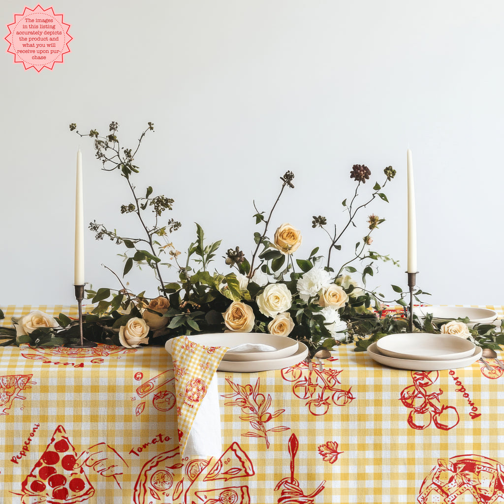 Italian Pizza Gingham Tablecloth – Yellow Check Cotton Twill Table Linen for Family Dining, Parties & Celebrations