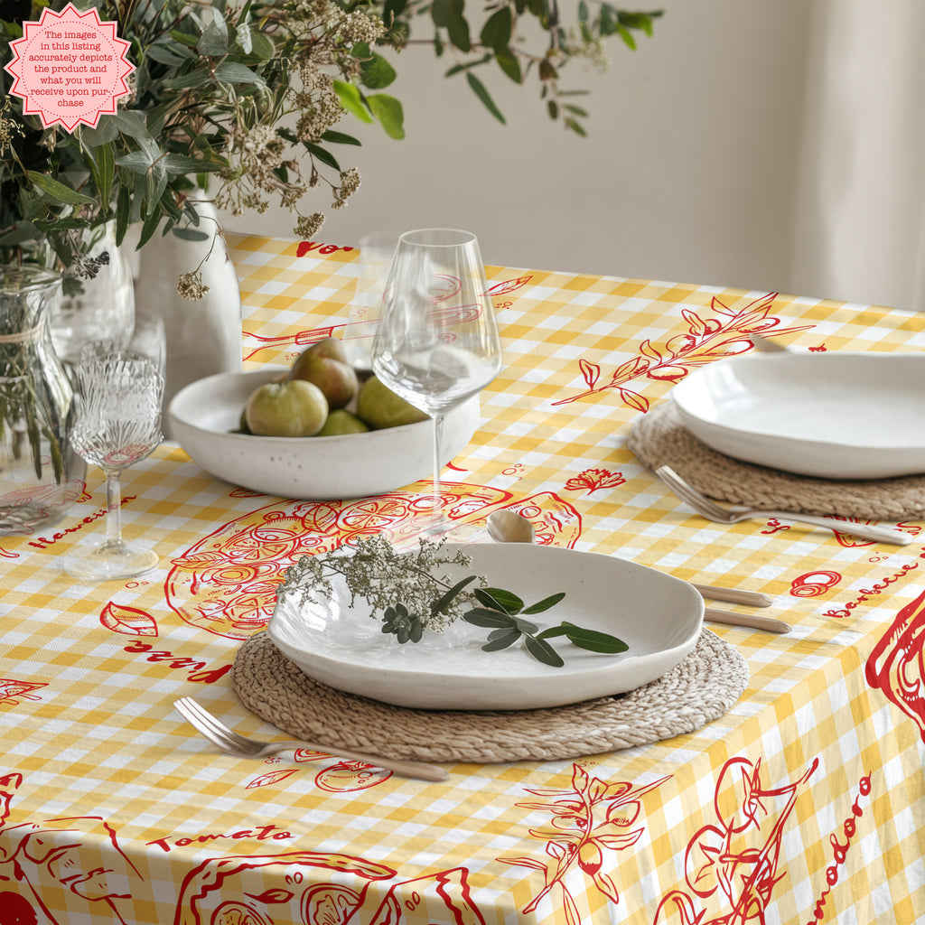 Italian Pizza Gingham Tablecloth – Yellow Check Cotton Twill Table Linen for Family Dining, Parties & Celebrations