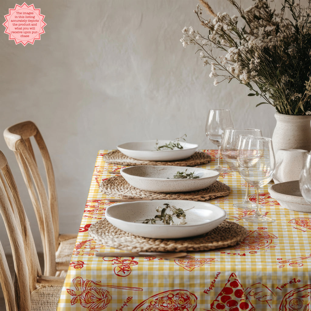 Italian Pizza Gingham Tablecloth – Yellow Check Cotton Twill Table Linen for Family Dining, Parties & Celebrations