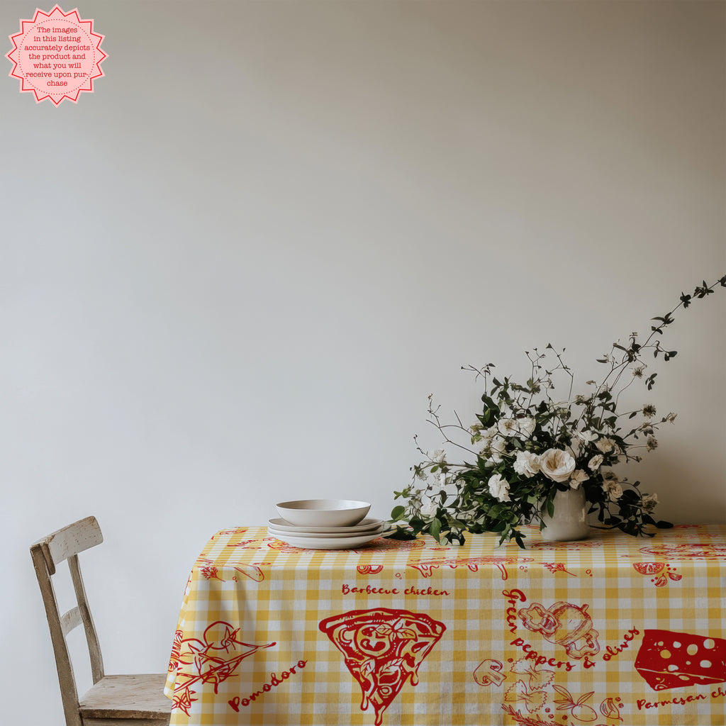 Italian Pizza Gingham Tablecloth – Yellow Check Cotton Twill Table Linen for Family Dining, Parties & Celebrations