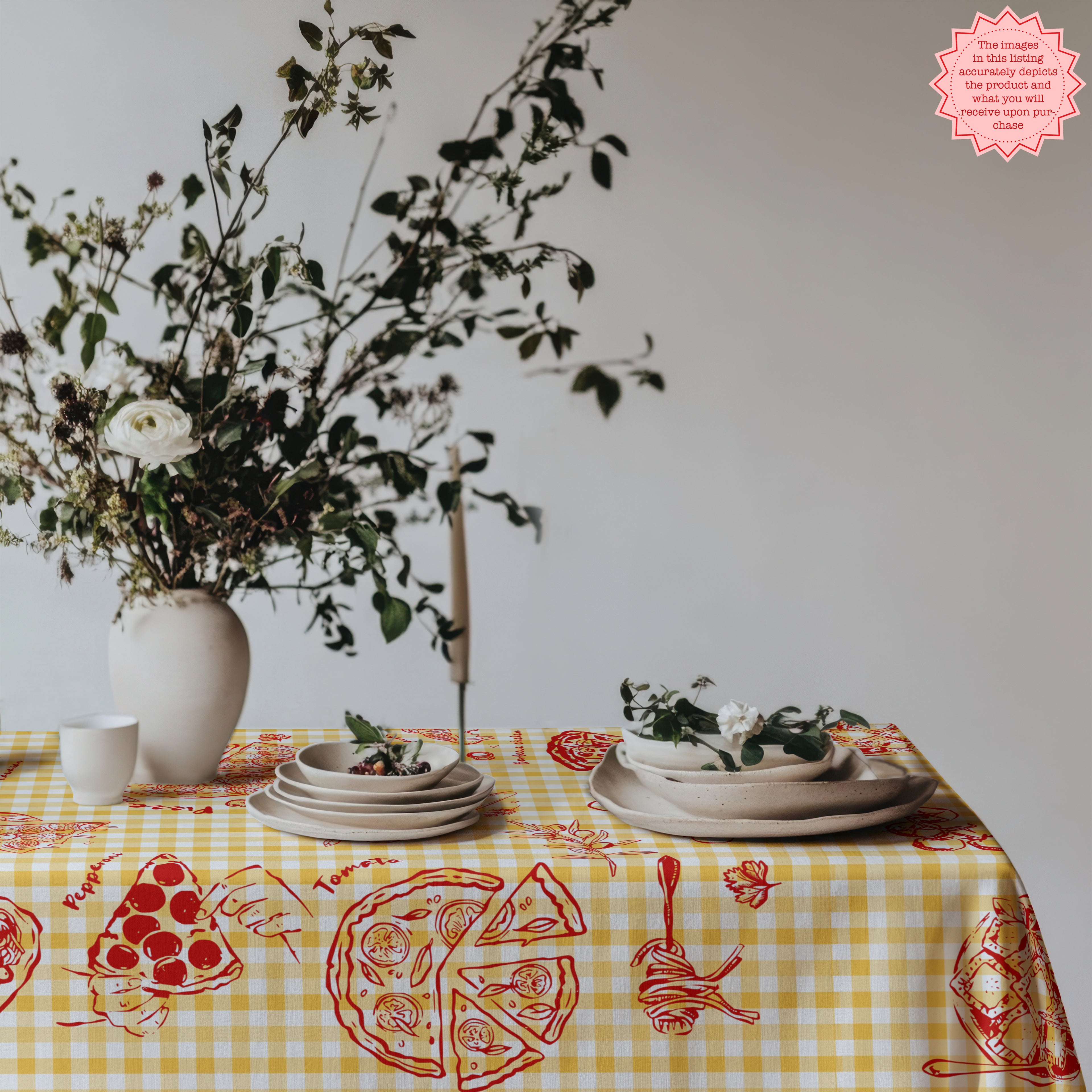 Italian Pizza Gingham Tablecloth – Yellow Check Cotton Twill Table Linen for Family Dining, Parties & Celebrations