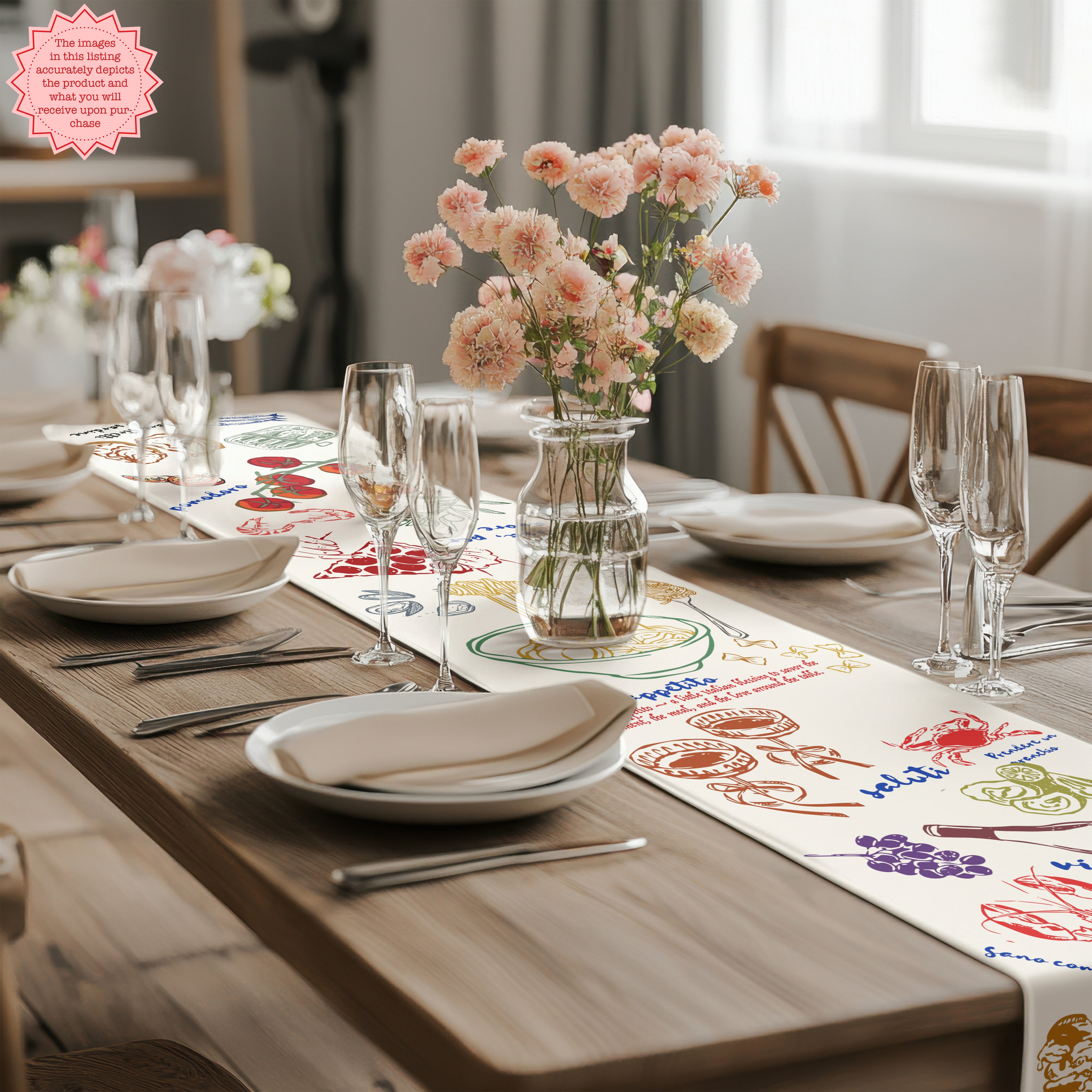 Vintage Italian table runner styled with ceramic dinnerware and natural woven placemats.