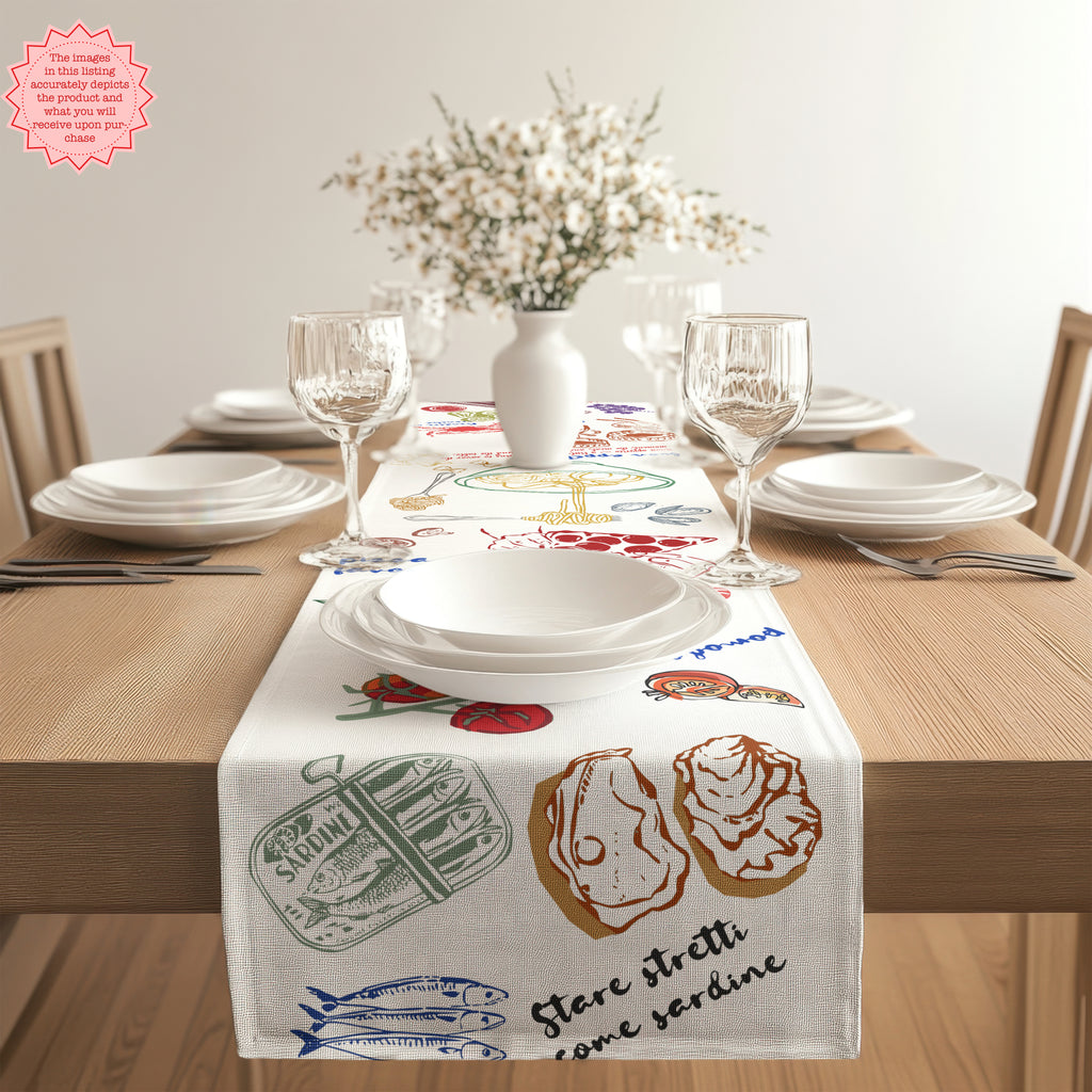 Decorative Italian table runner featuring Mediterranean-inspired artwork on a wooden dining table.