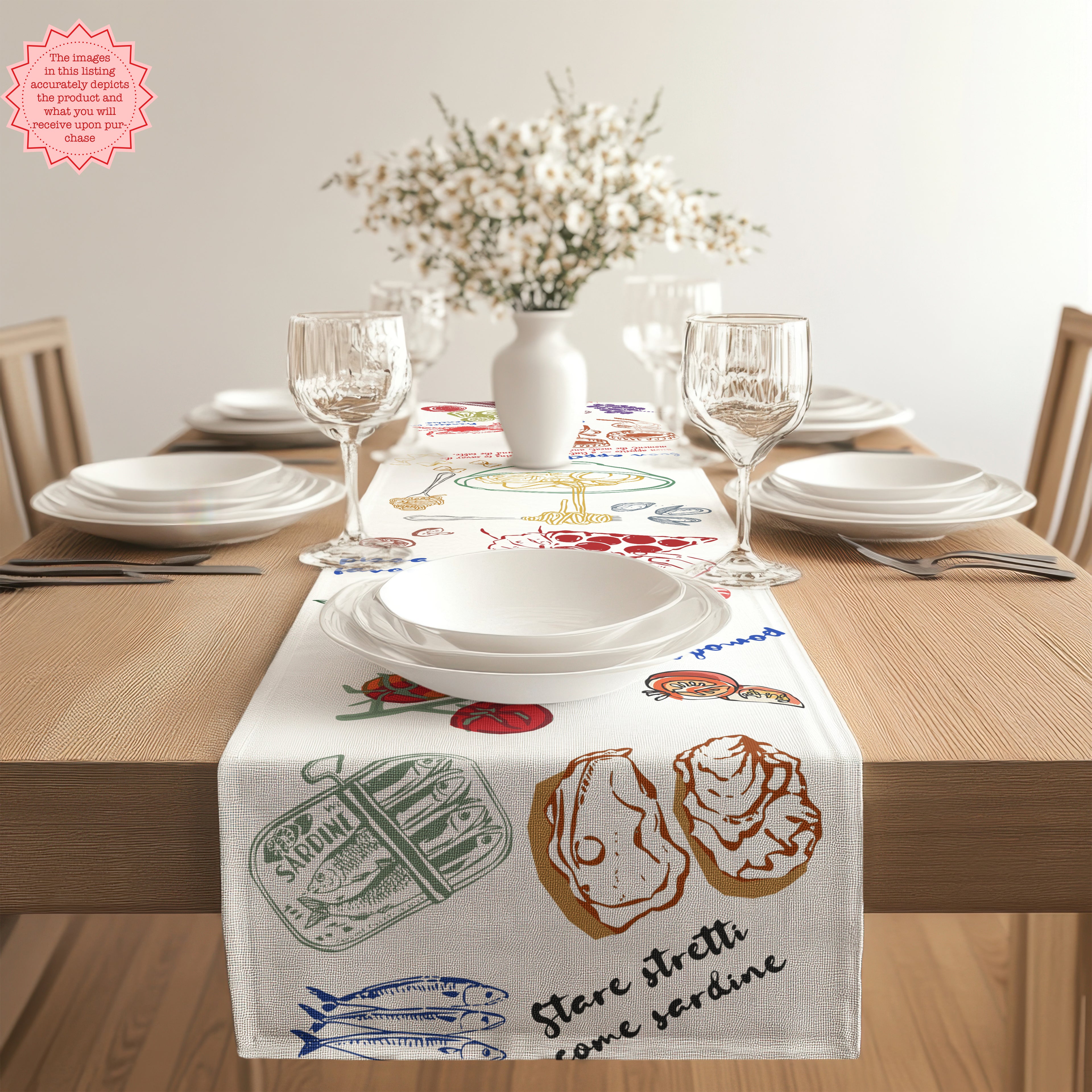 Decorative Italian table runner featuring Mediterranean-inspired artwork on a wooden dining table.