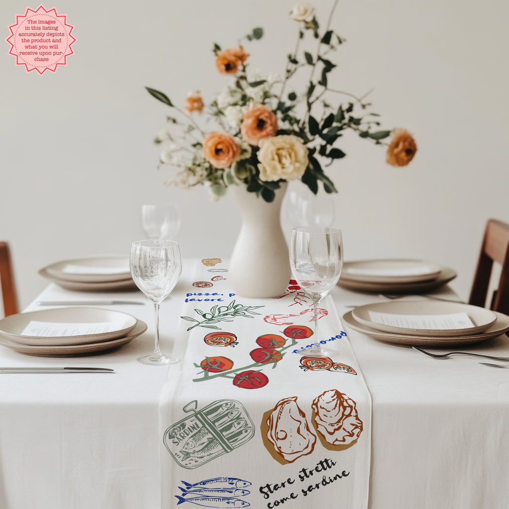 Mediterranean dining table runner creating a warm farmhouse tablescape for everyday dining.