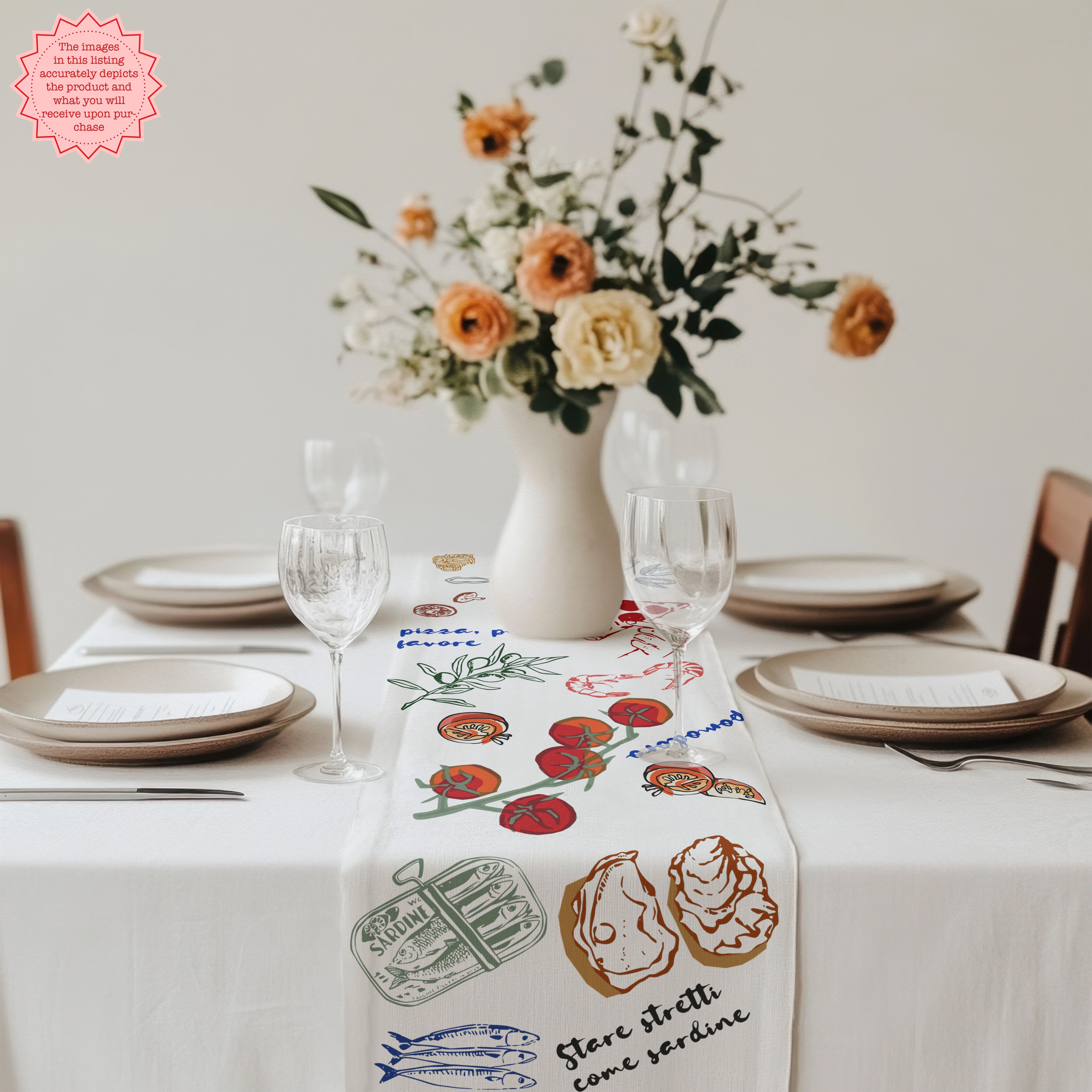 Mediterranean dining table runner creating a warm farmhouse tablescape for everyday dining.