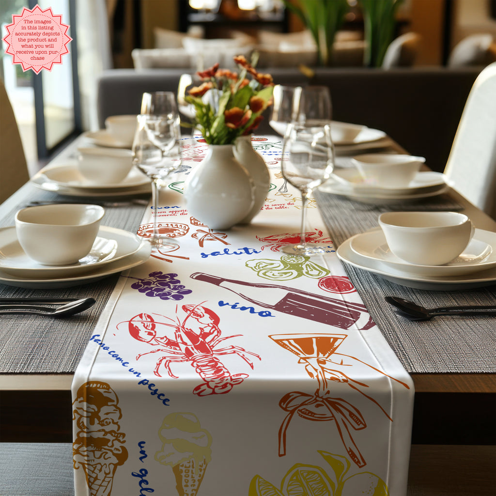 Rustic farmhouse table runner displayed with botanical centrepiece and neutral home décor.