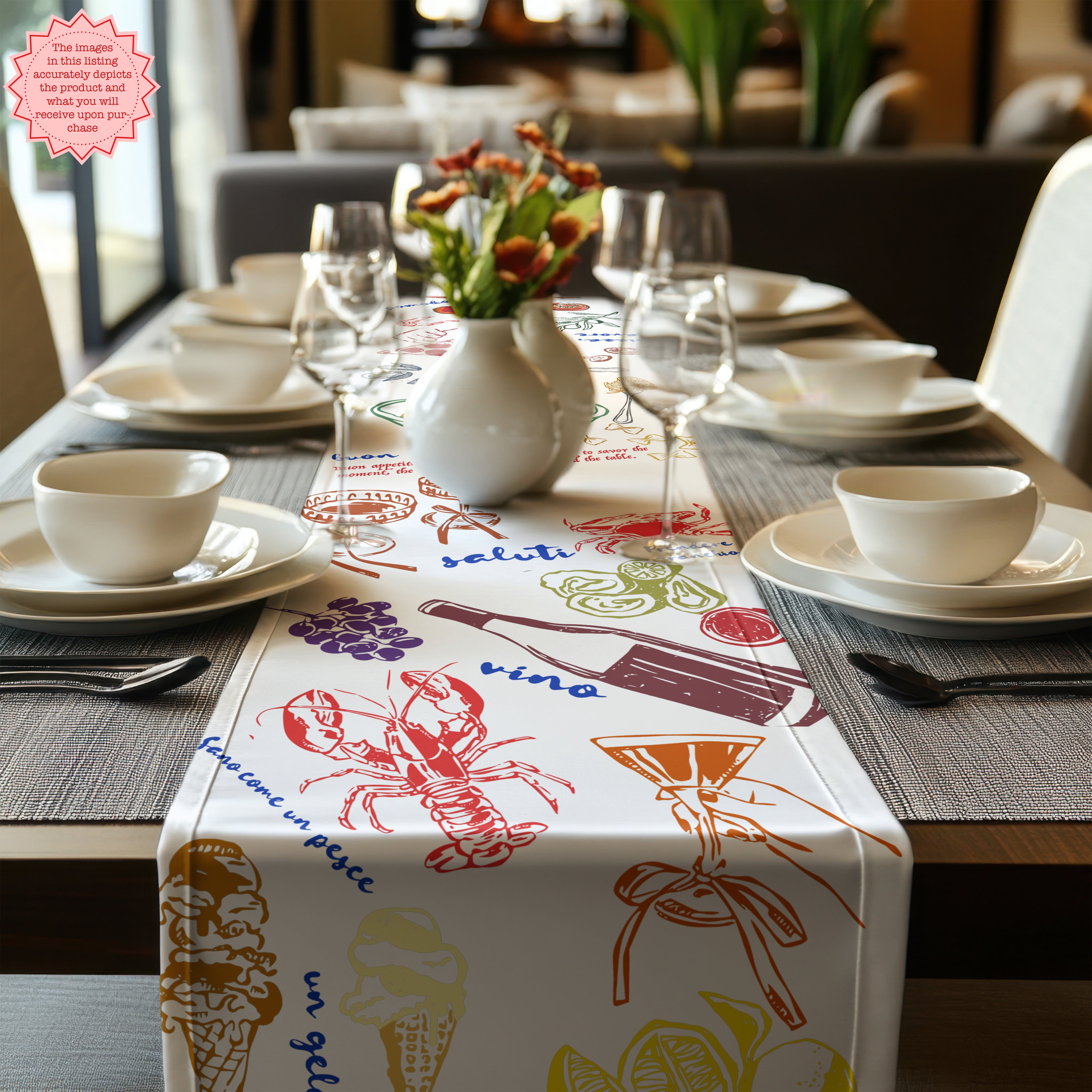 Rustic farmhouse table runner displayed with botanical centrepiece and neutral home décor.