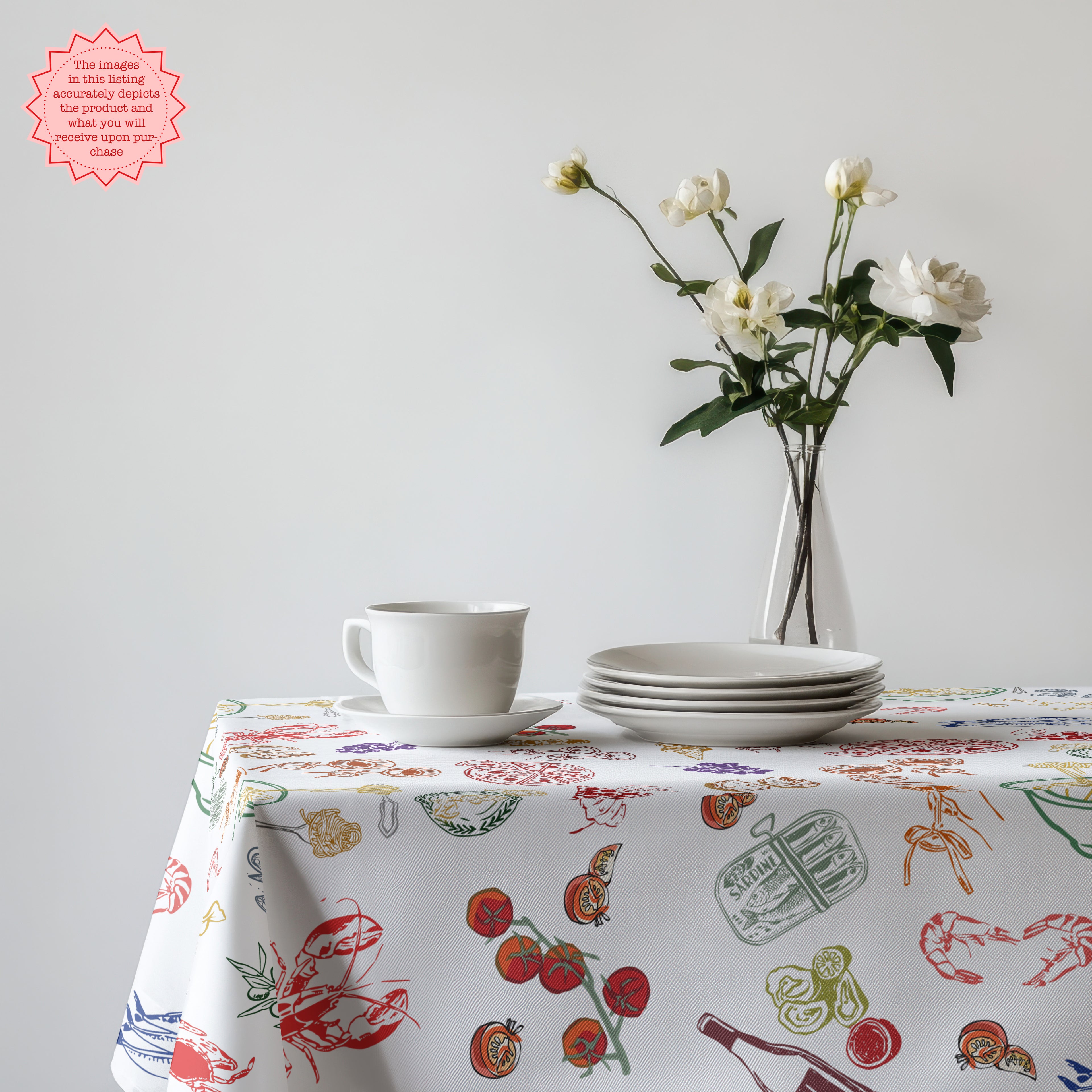 Detail view of Italian Summer Market Tablecloth pattern showing colourful hand-drawn illustrations of traditional Italian ingredients and Mediterranean lifestyle elements.