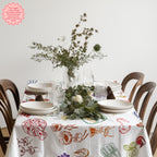 100% cotton twill tablecloth with a whimsical Italian market pattern, combining colourful food sketches, Mediterranean charm and modern European home décor style.