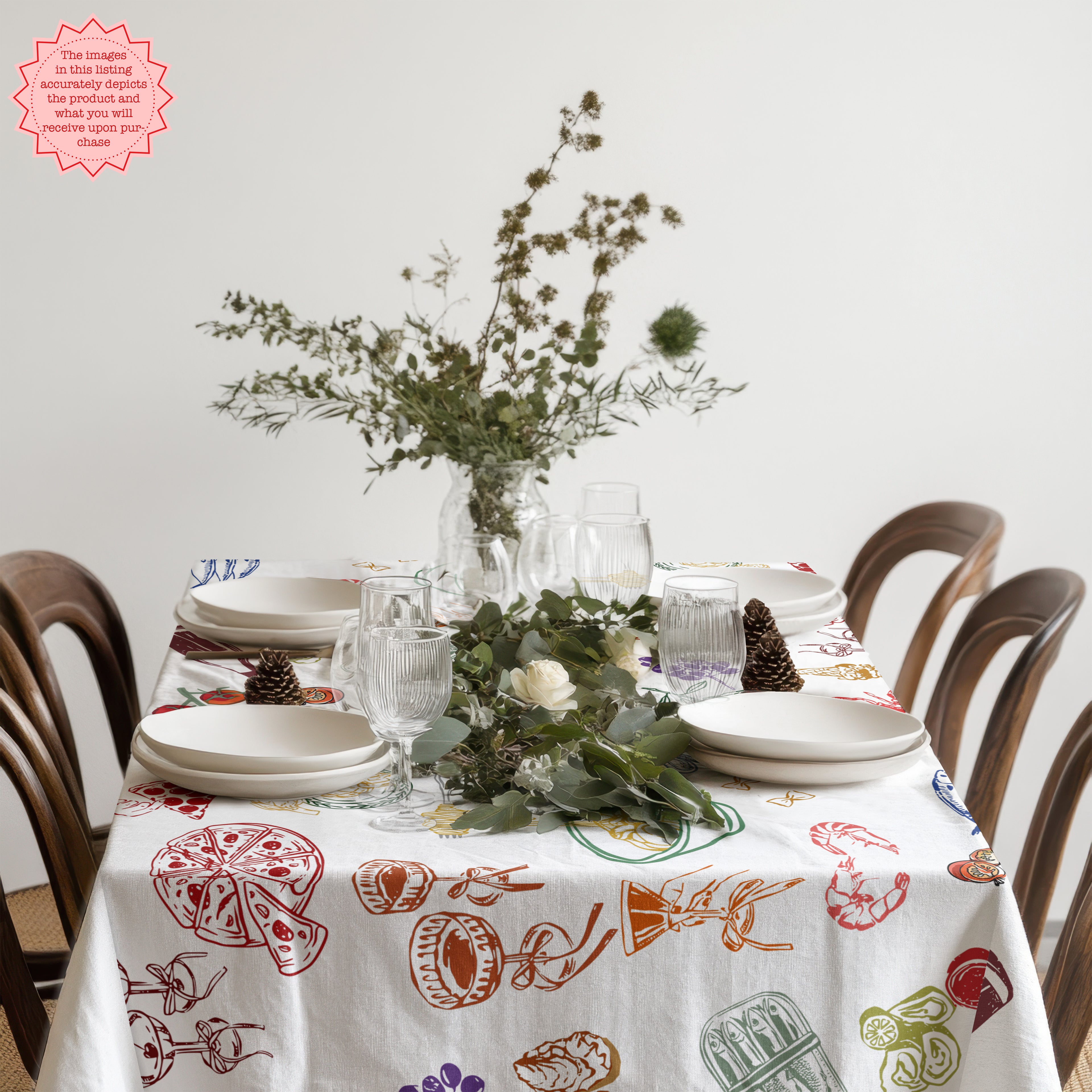 100% cotton twill tablecloth with a whimsical Italian market pattern, combining colourful food sketches, Mediterranean charm and modern European home décor style.