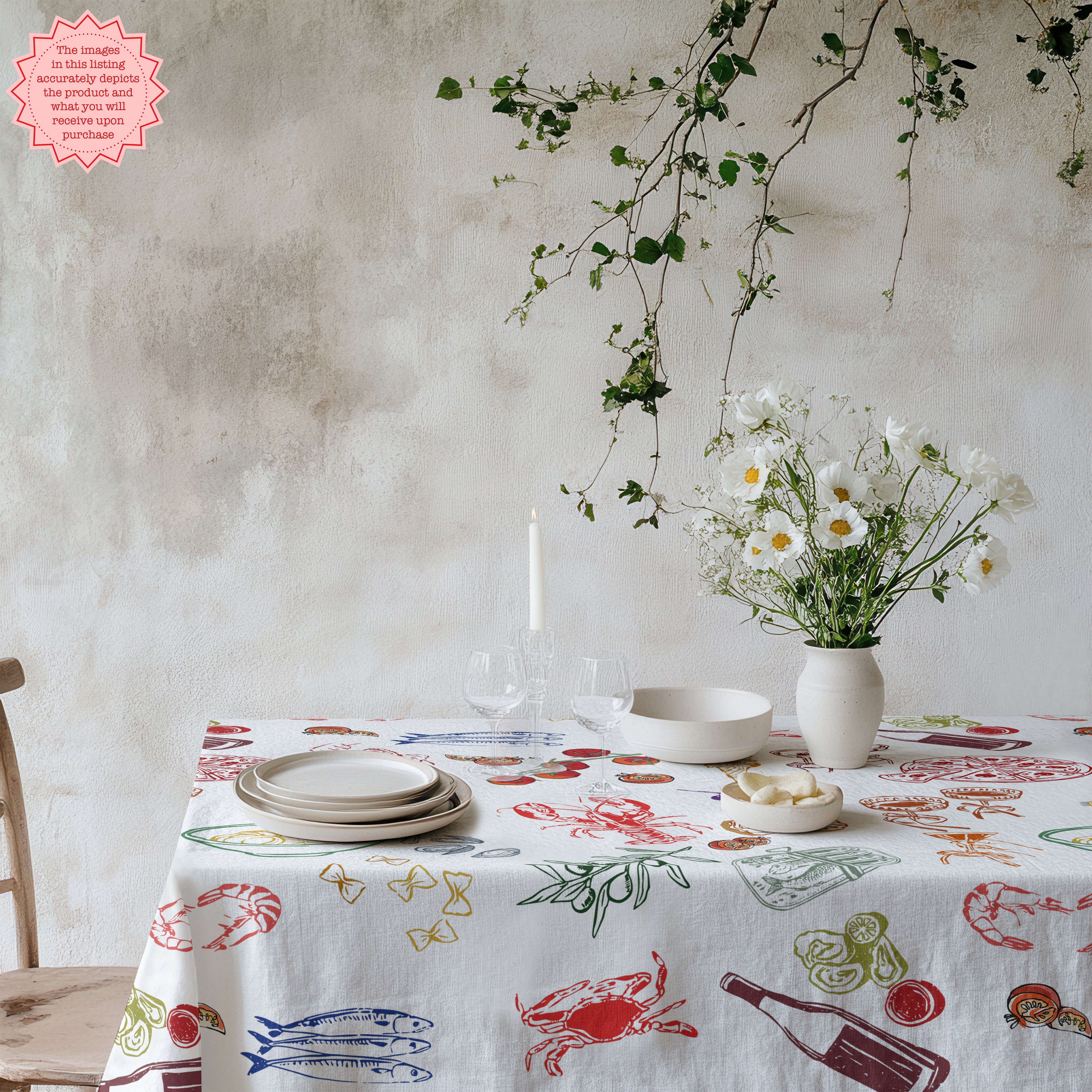 Italian Summer Market Tablecloth featuring colourful hand-drawn Mediterranean food illustrations, including seafood, pasta, vegetables and Italian-inspired motifs on 100% cotton twill fabric.