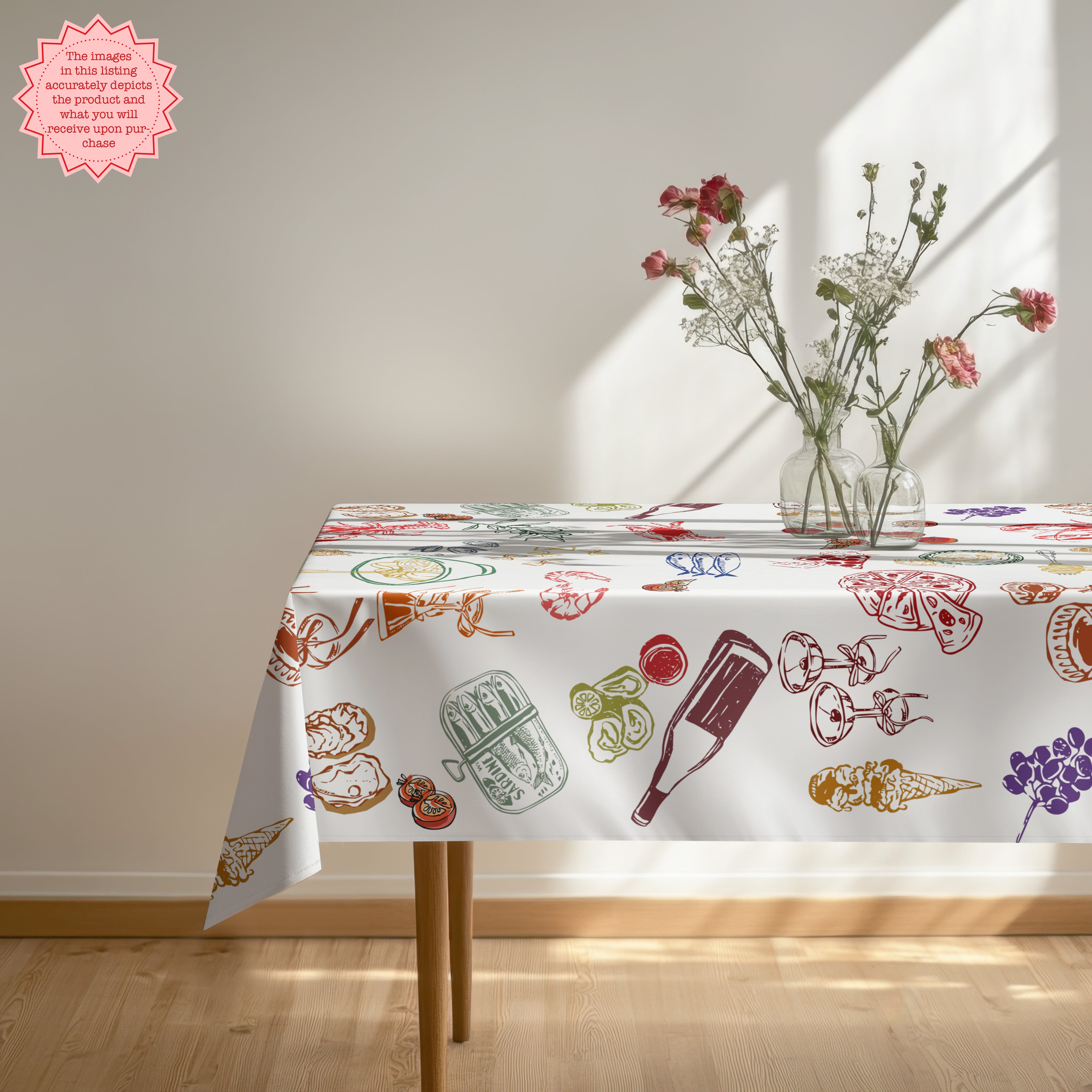 Colourful Italian food illustration table linen featuring hand-drawn Mediterranean designs inspired by coastal markets, Italian cuisine and relaxed summer dining.