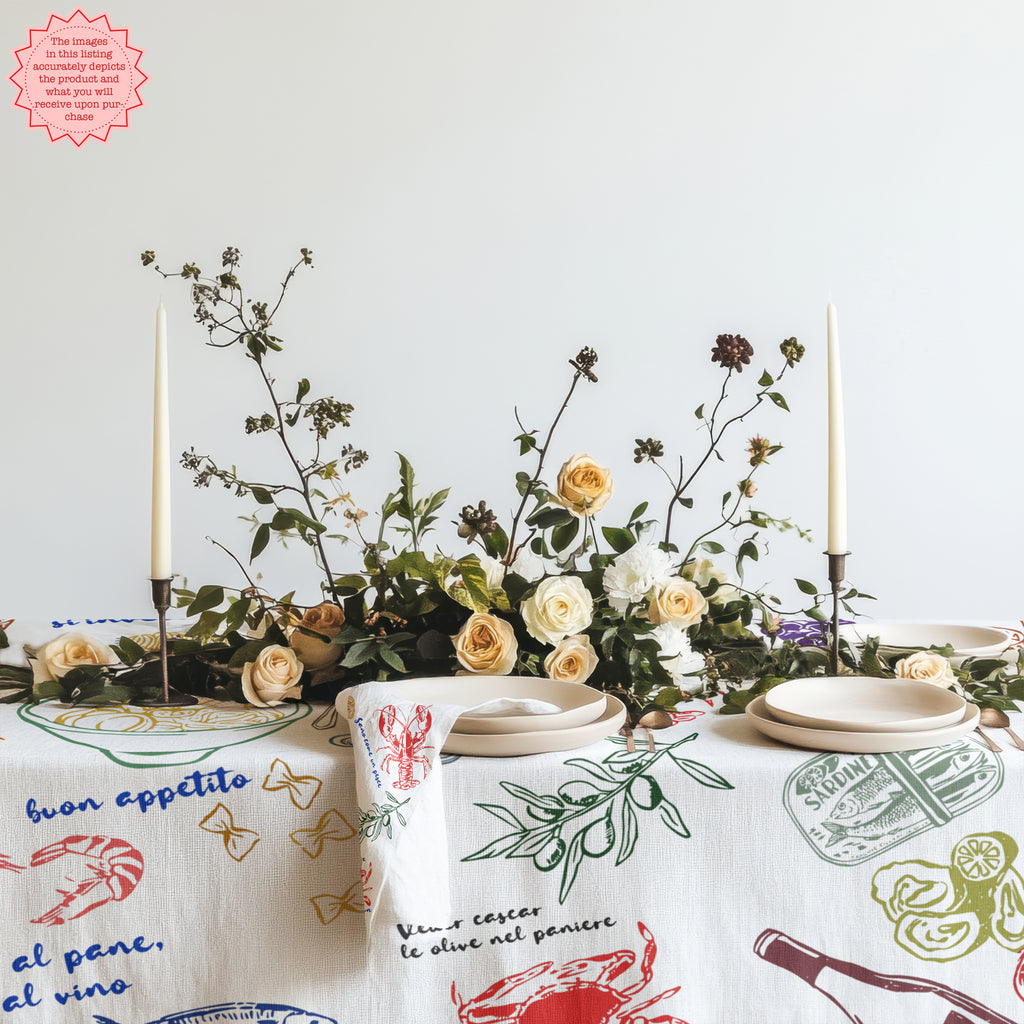 That’s Amore Italian Summer Tablecloth – Hand-Drawn Mediterranean Food Illustration in 100% Cotton Twill