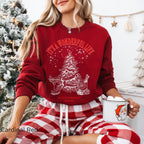 Cardinal Red Gildan 18000 Christmas cocktail sweatshirt featuring vintage-inspired cream artwork of a decorated Christmas tree, martini glass, cocktail glass and festive snowflakes.