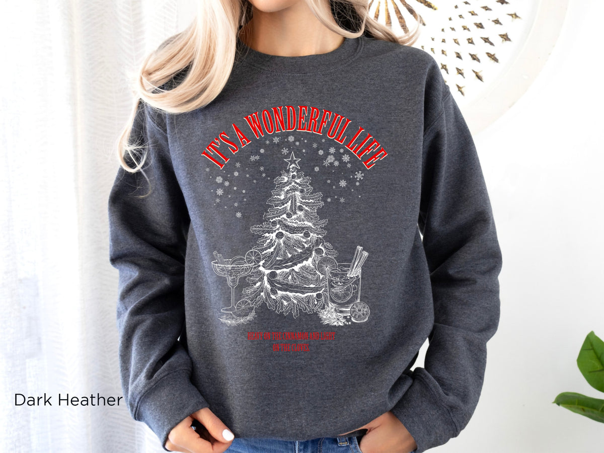Dark Heather Christmas cocktail sweatshirt styled for a relaxed festive outfit, ideal for Christmas parties, holiday gatherings and cosy winter evenings.