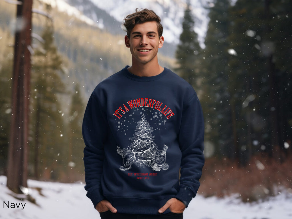 Navy Gildan 18000 Christmas crewneck sweatshirt with vintage cocktail-inspired artwork, ideal for seasonal fashion and Christmas gifting.
