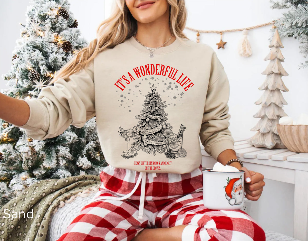 Sand vintage-inspired Christmas cocktail sweatshirt, a festive gift idea for martini lovers, cocktail enthusiasts and holiday hosts.
