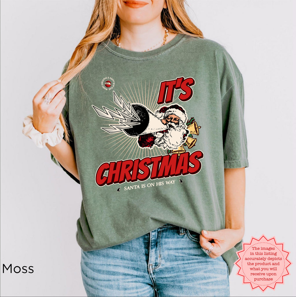 Close-up of detailed festive Christmas graphic printed on a vintage-style T-shirt