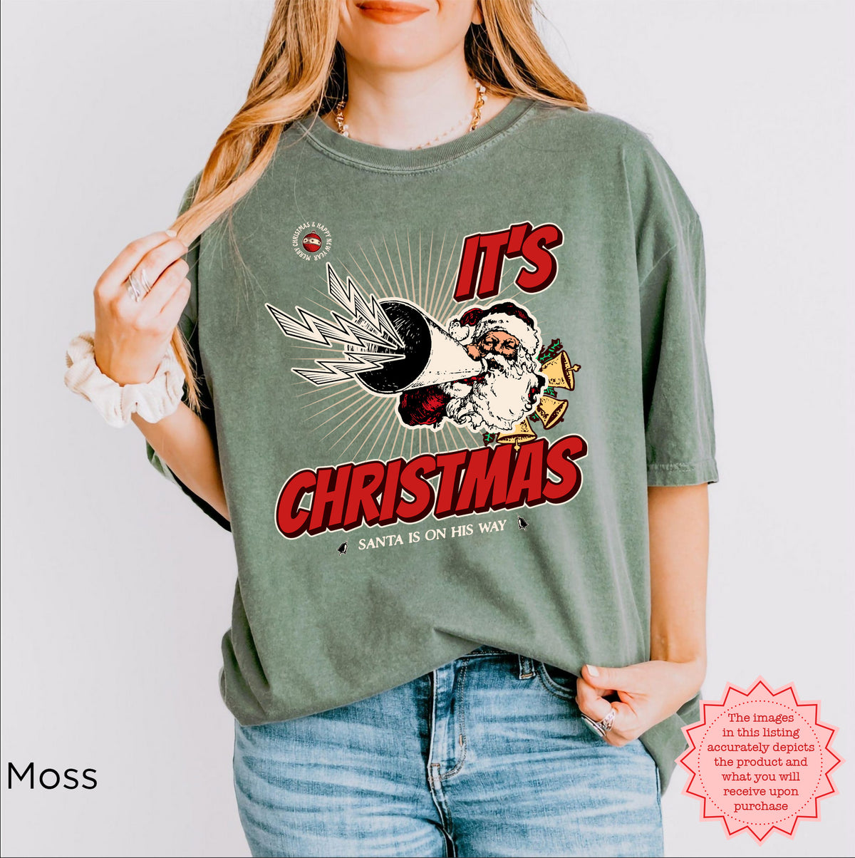 Close-up of detailed festive Christmas graphic printed on a vintage-style T-shirt