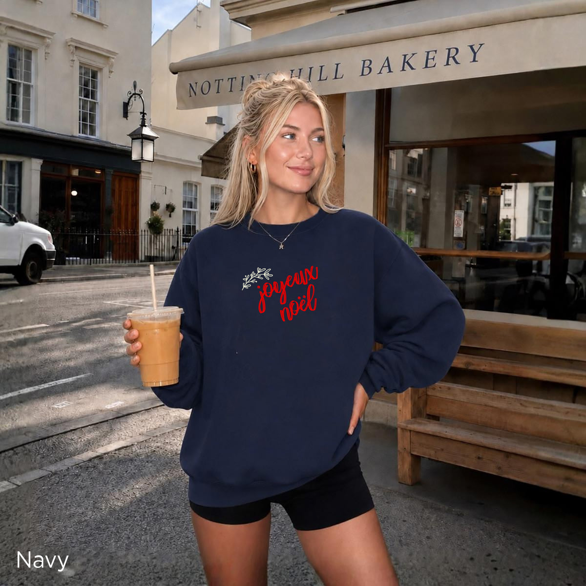 REBBELLA Joyeux Noël sweatshirt in True Navy with red lettering for an understated vintage-inspired holiday look