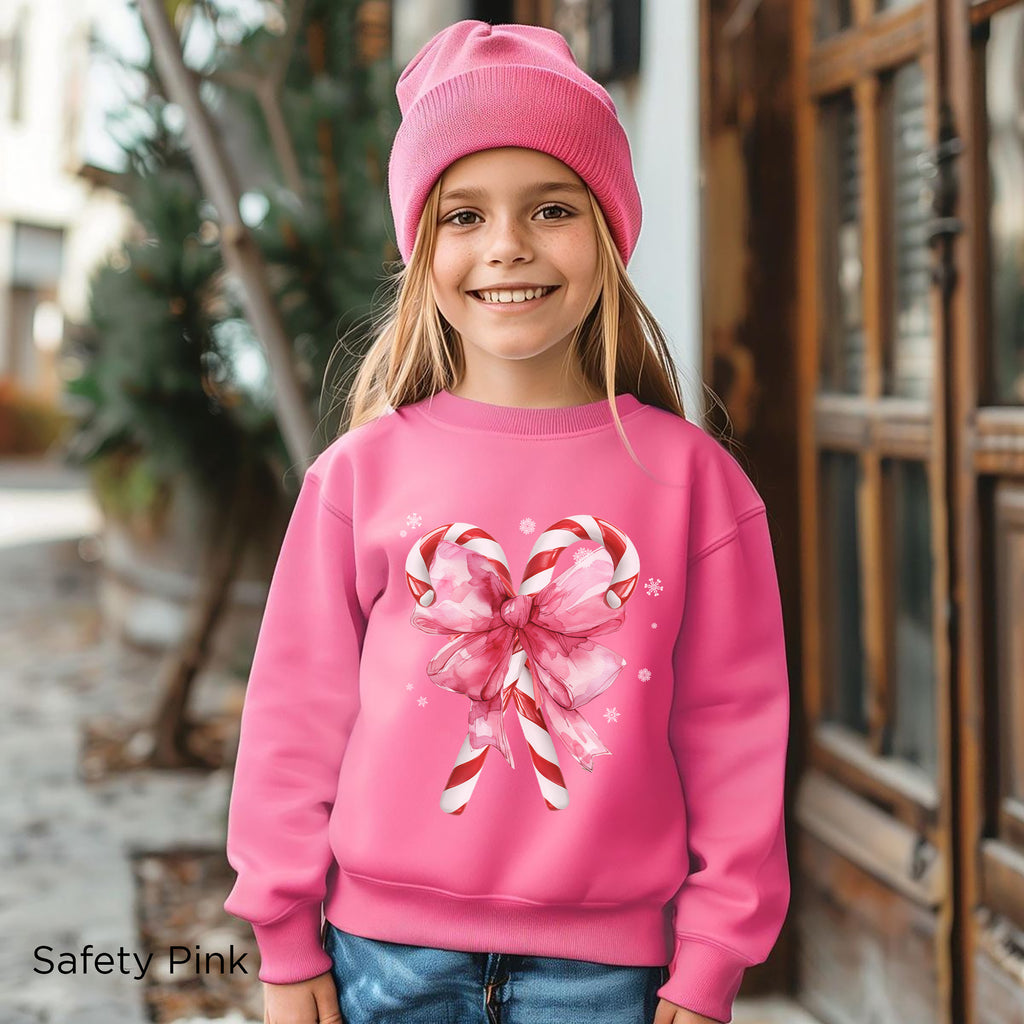 Kids holiday sweatshirt with Christmas candy cane design Gildan youth crewneck