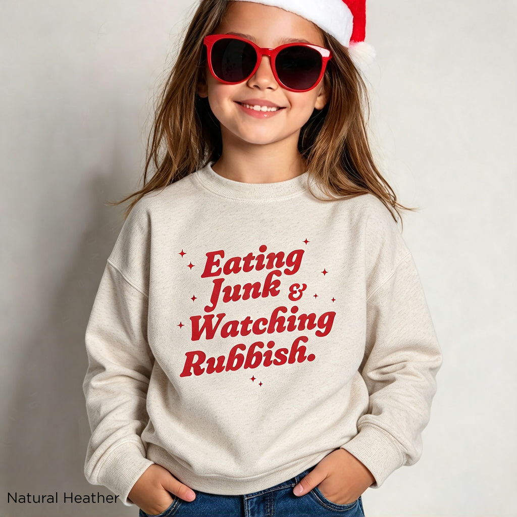 Funny Christmas sweatshirt for kids with Eating Junk and Watching Rubbish design
